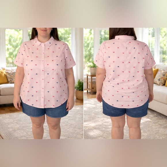 Woman Within Tops - Woman Within Pink Short-Sleeve Button-Down Shirt with Red & Blue Heart Print 3X